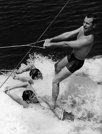 Johnny Carson, Dave Dershimer, and Joe Powroznik doing a stunt for 