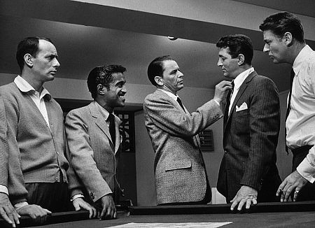 Joey Bishop, Sammy Davis, Jr., Frank Sinatra, Dean Martin, and Peter Lawford on the set of 