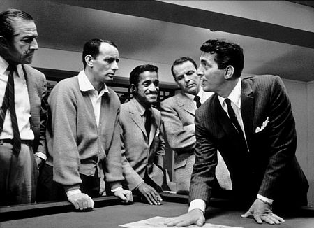 Sammy Davis, Jr. with Buddy Lester, Joey Bishop, Frank Sinatra, and Dean Martin on the set of 