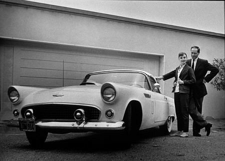 Audrey Hepburn and Mel Ferrer with their 1956 T Bird at home in Beverly Hills