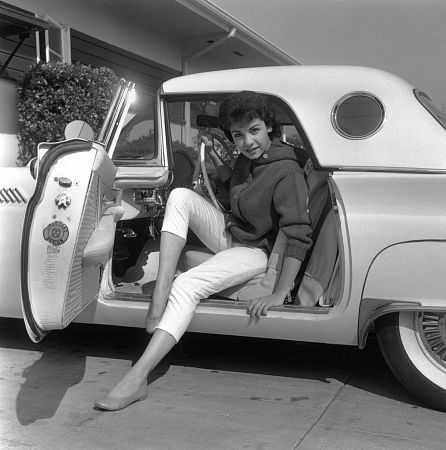 Annette Funicello in her 1956 Ford Thunderbird at home in Los Angeles Circa 1956