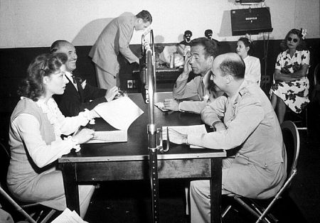 Humphrey Bogart, Greer Garson, Jack Warner, and Bogart's third wife, Mayo Methot, at NBC Radio, circa 1940.
