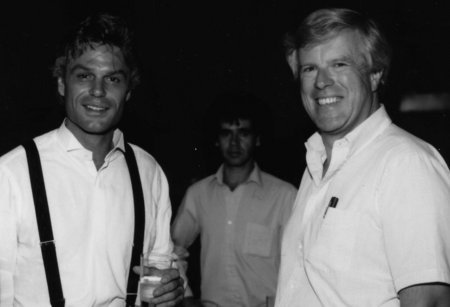 Harry Hamlin and Christopher Toyne share a light moment on the set of 'Dinner At Eight' for TNT (Alan Ravick in the background.)