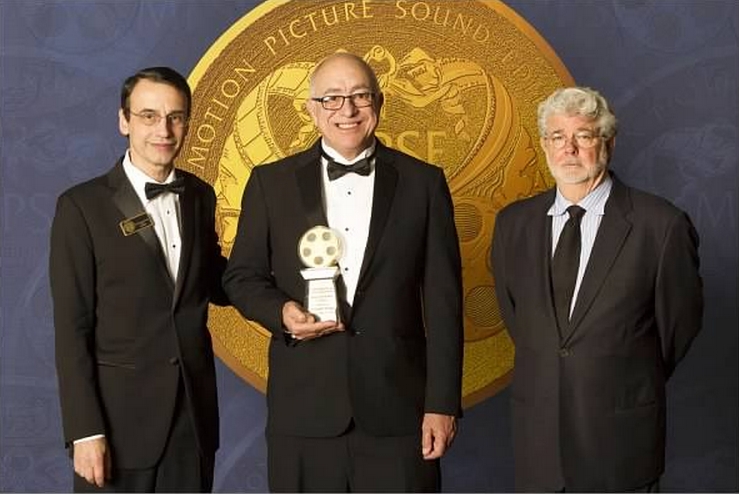 MPSE President Frank Morrone, Career Achievement recipient Randy Thom & George Lucas at 2014 Golden Reels Awards