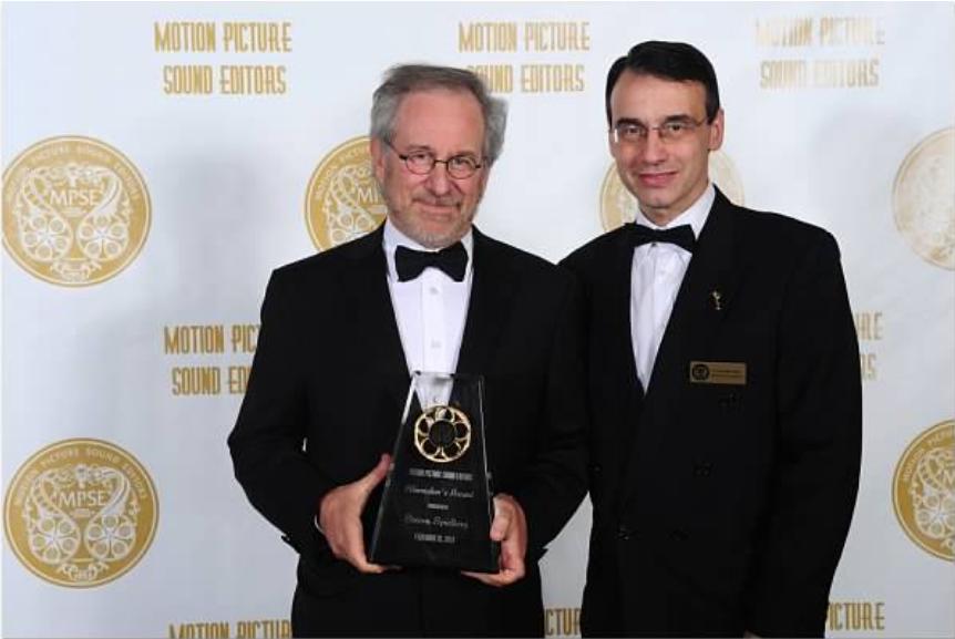 MPSE VP Frank Morrone with Steven Spielberg at the 2010 MPSE Golden Reel Awards