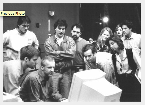 Visual FX crew review 3D motion capture data with James Cameron for Titanic. From bottom left: Brett Gassaway, James Cameron, Daniel Ma, Mark Lasoff, Jon Landau, Robert Legato, Crystal Dowd, Karen Murphy, Cari Thomas