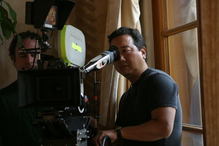 Camera assistant Joshua Harrison and Michael Goi, ASC line up a shot for 
