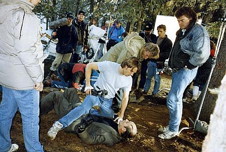 John Pyper-Ferguson works out the final attack with stunt coordinator Reg Glass, Michael Ironside and director David Winning. Bragg Creek, Alberta, Canada.