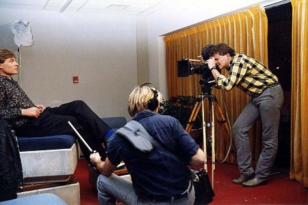 Filming new scenes for Storm. Seated Tom Schioler, Per Aspund and director David Winning. Calgary, Canada.