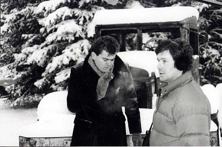 Filming new scenes for Storm. Calgary, Canada. January 1987 and minus 40. David Winning and David Christie.