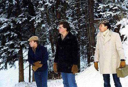 Filming new scenes for Storm. Calgary, Canada. January 1987 and minus 40. Stan Edmonds as Burt, David Winning as Jim and Michael Kevis as Stanley.
