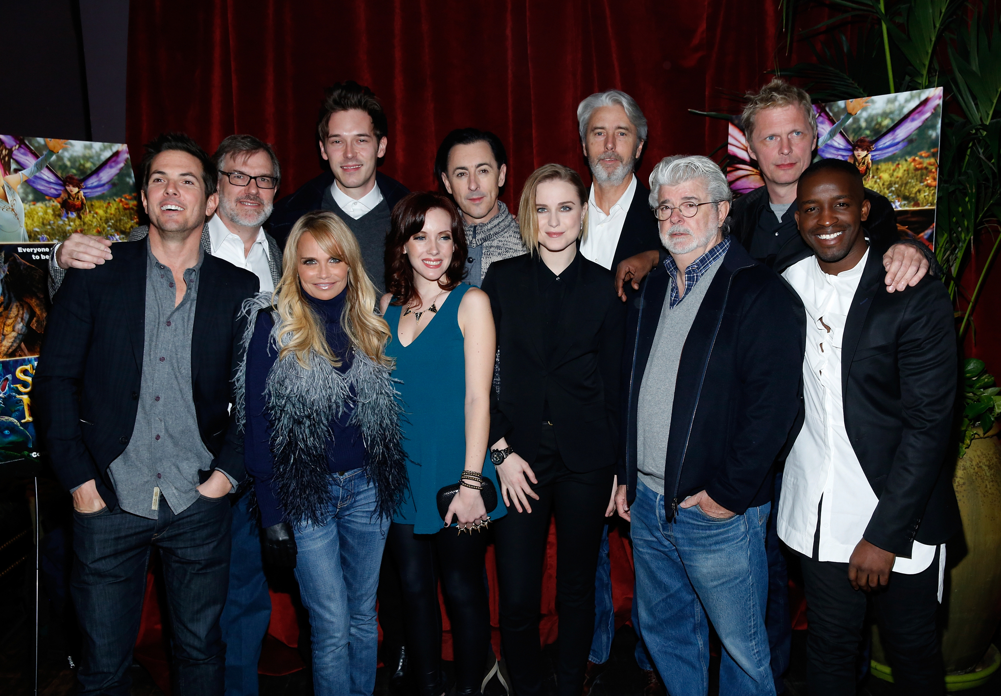 George Lucas, Alan Cumming, Marius De Vries, Gary Rydstrom, Kristin Chenoweth, Elijah Kelley, Evan Rachel Wood, Meredith Anne Bull and Sam Palladio at event of Strange Magic (2015)