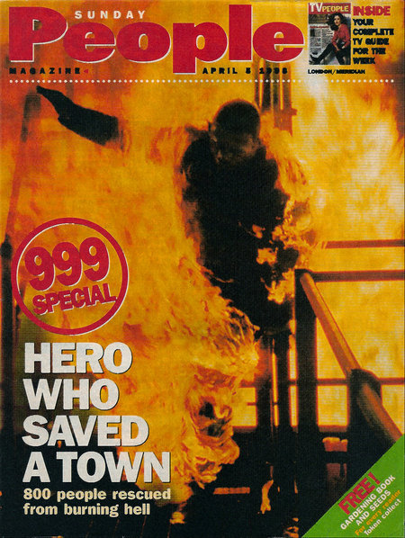 Sunday People magazine cover. Tom Delmar burns for BBC 999 propgram.