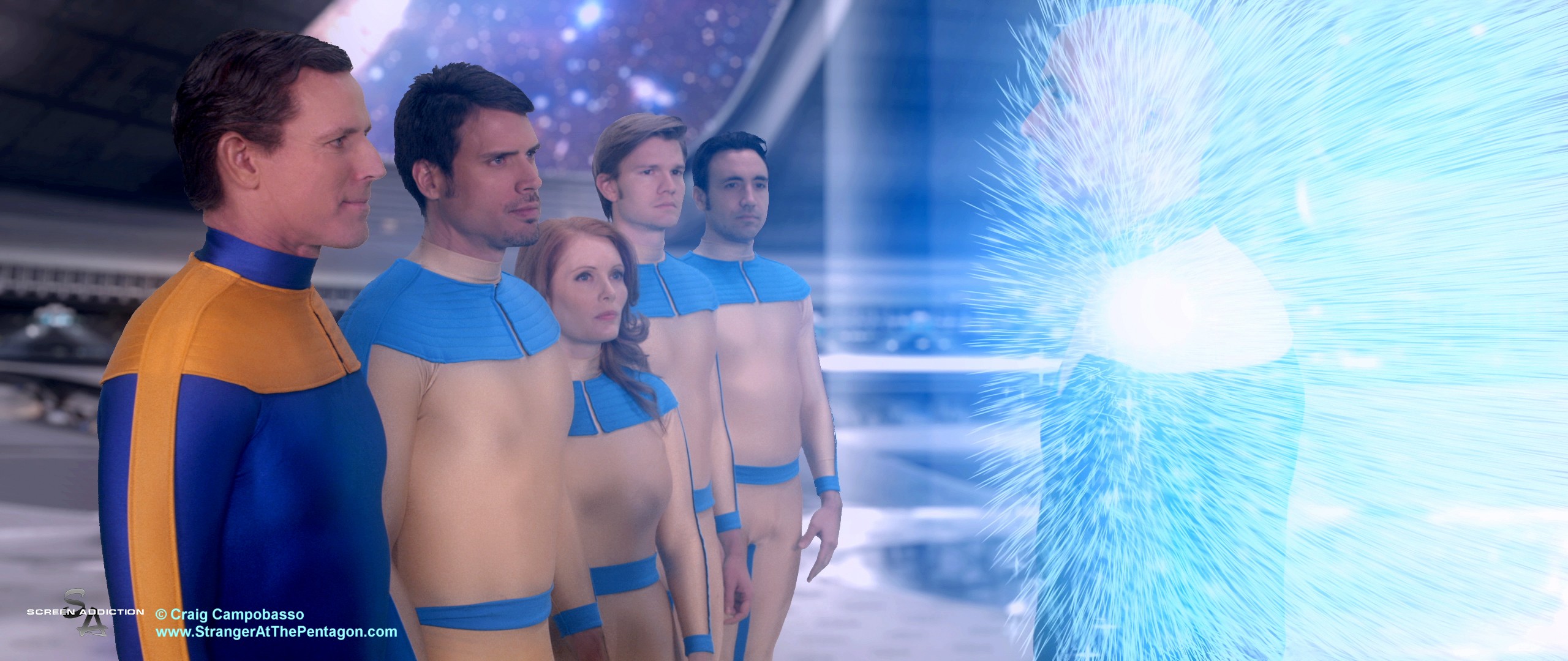Uniah (Doug Mattingly) emerges from a Merkabah vehicle to greet Valiant Thor (Jeff Joslin) and his Vice Commanders.