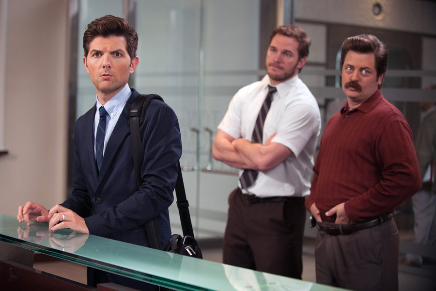 Still of Adam Scott, Nick Offerman and Chris Pratt in Parks and Recreation (2009)