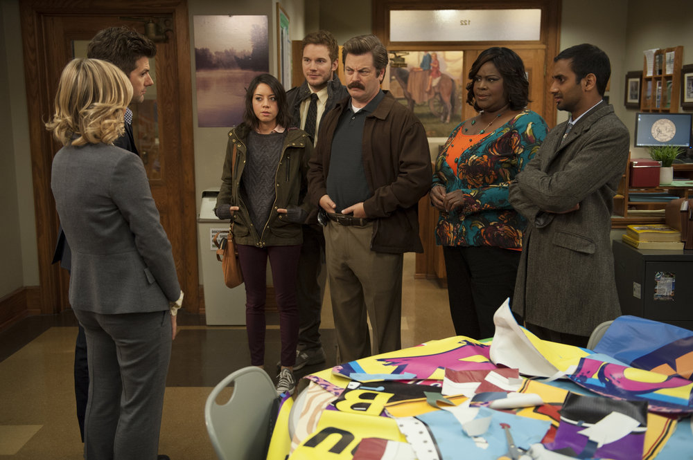 Still of Adam Scott, Nick Offerman, Amy Poehler, Chris Pratt, Colleen Hayes, Aziz Ansari, Aubrey Plaza and Andy Dwyer in Parks and Recreation (2009)