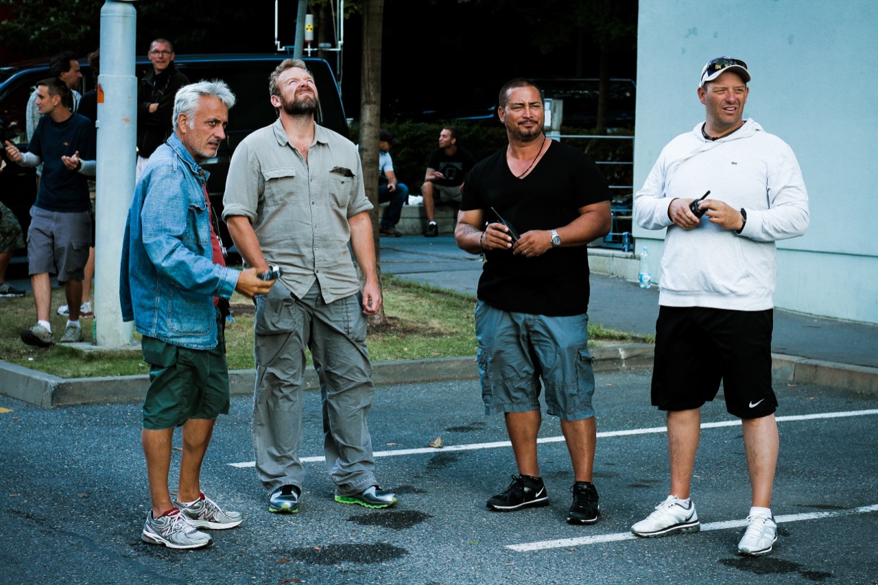 Director Joe Carnahan, Second Unit Director Ben Bray, DP Daniel Mindel and First A.D. James Bitonti think over a car chase sequence on location in Prague.