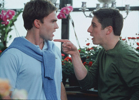 Jim (JASON BIGGS) and Steve Stifler (SEANN WILLIAM SCOTT) argue over bachelor party plans.
