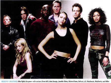 entertainment weekly article photo.the cast of Dark Angel.Jessica Alba as Max,Richard Gunn as Sketchy,Jon Savage as Lydecker ,and Jennifer Blanc as Kendra Mabaum