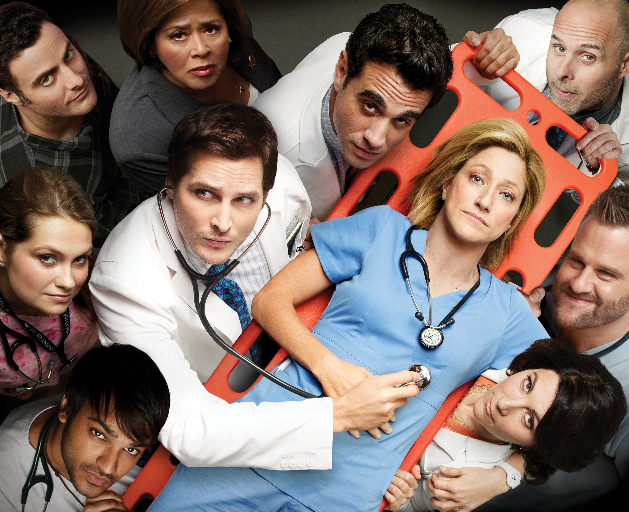 Still of Peter Facinelli, Edie Falco, Eve Best, Bobby Cannavale, Anna Deavere Smith, Merritt Wever, Dominic Fumusa, Arjun Gupta and Stephen Wallem in Nurse Jackie (2009)