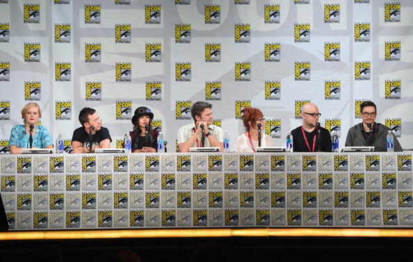 (L-R) Actors Janet Varney, David Faustino, Seychelle Gabriel, John Michael Higgins and Mindy Sterling, & writer/producers Michael Dante DiMartino and Bryan Konietzko attend the Nickelodeon: Legend Of Korra: Book 3 panel at SDCC on July 25, 2014