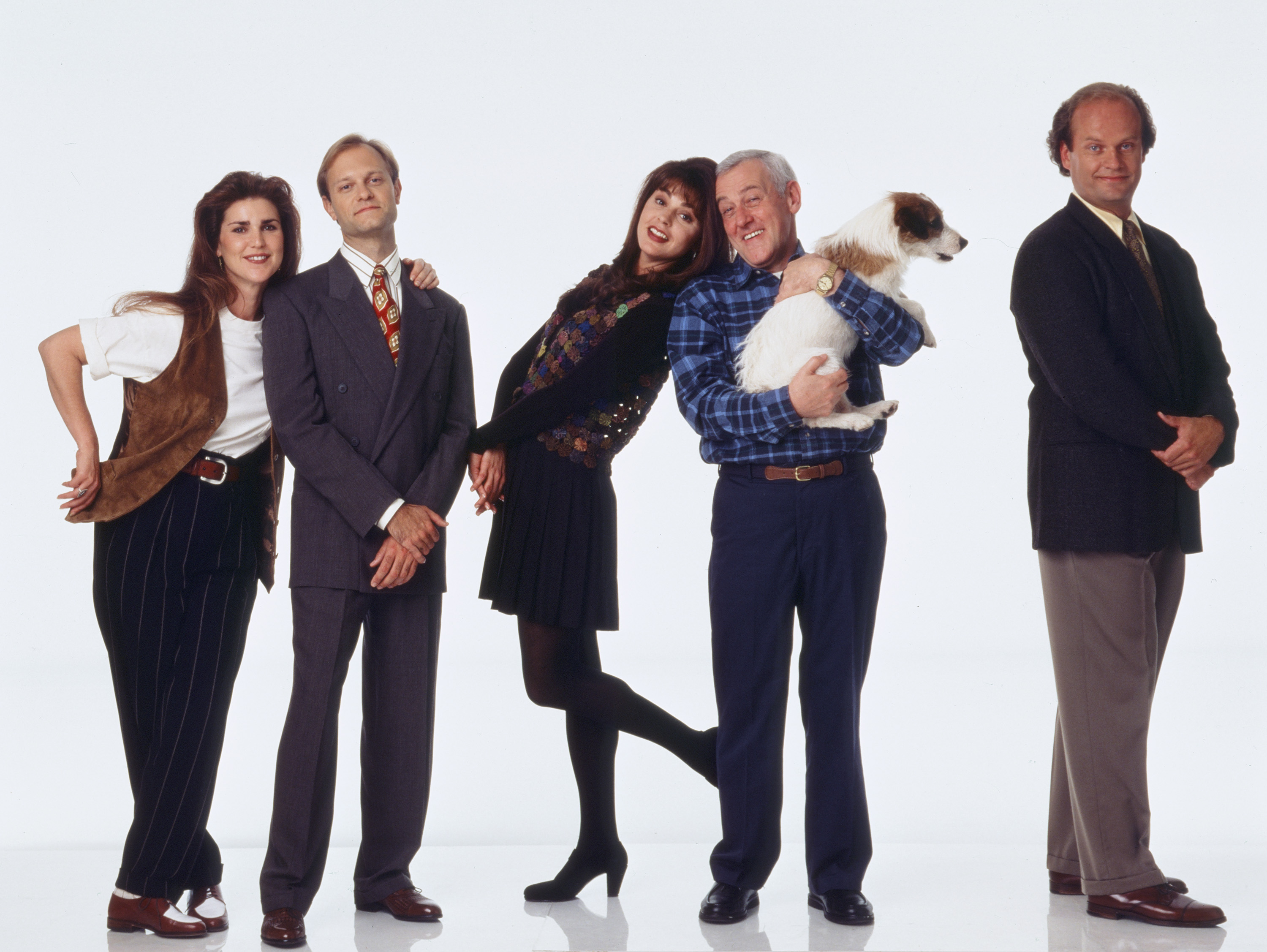Still of Kelsey Grammer, David Hyde Pierce, John Mahoney, Peri Gilpin, Jane Leeves and Moose in Frasier (1993)