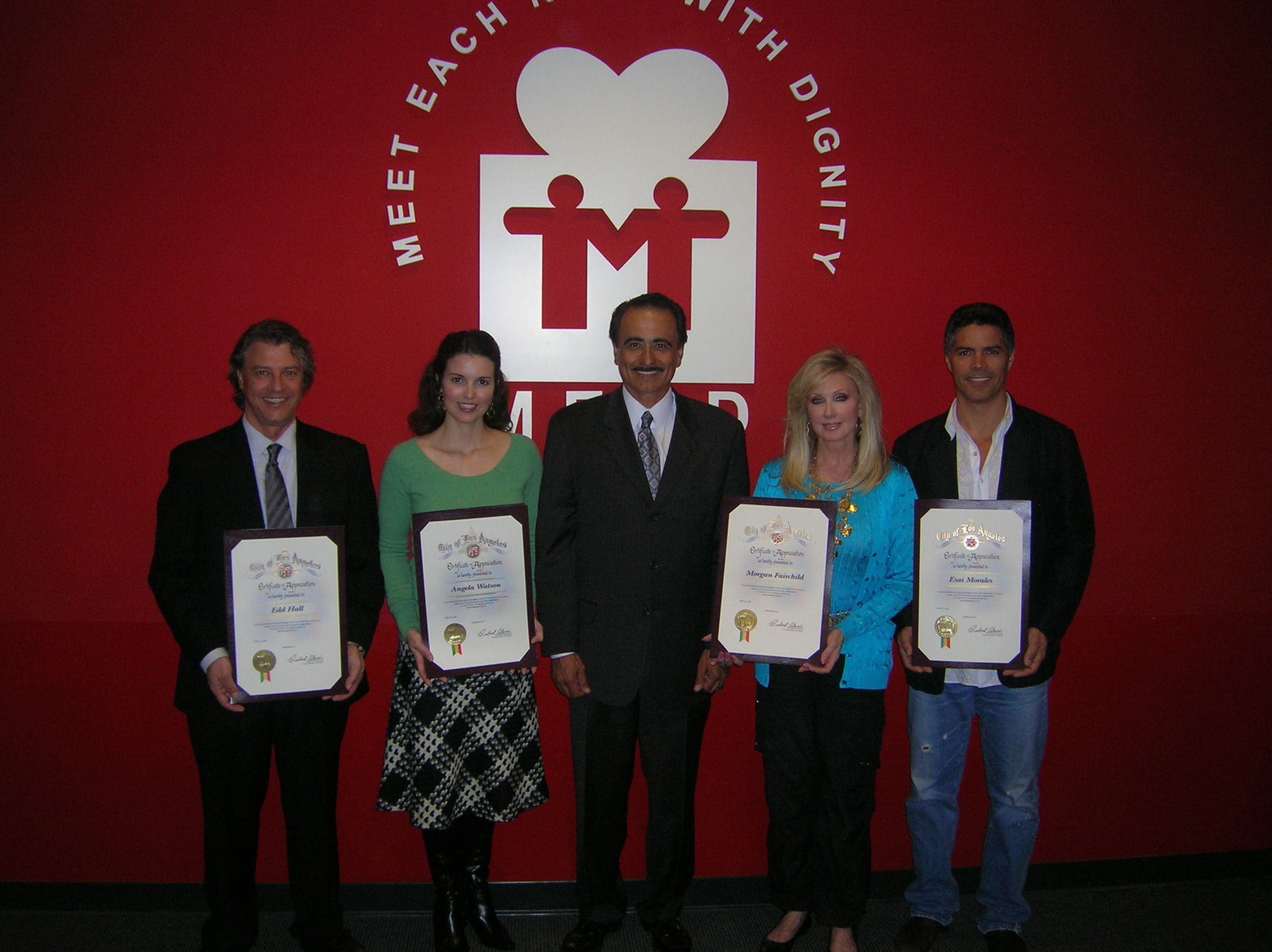 Edd Hall, Angela Watson, Morgan Fairchild and Esai Morales receive Citations for their work with the MEND organization by LA City Councilman Richard Alarcon.