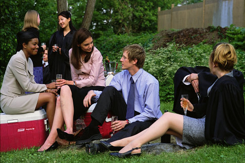 (Front, left to right) Gabrielle Union, Katie Holmes, Gabriel Mann and Zooey Deschanel