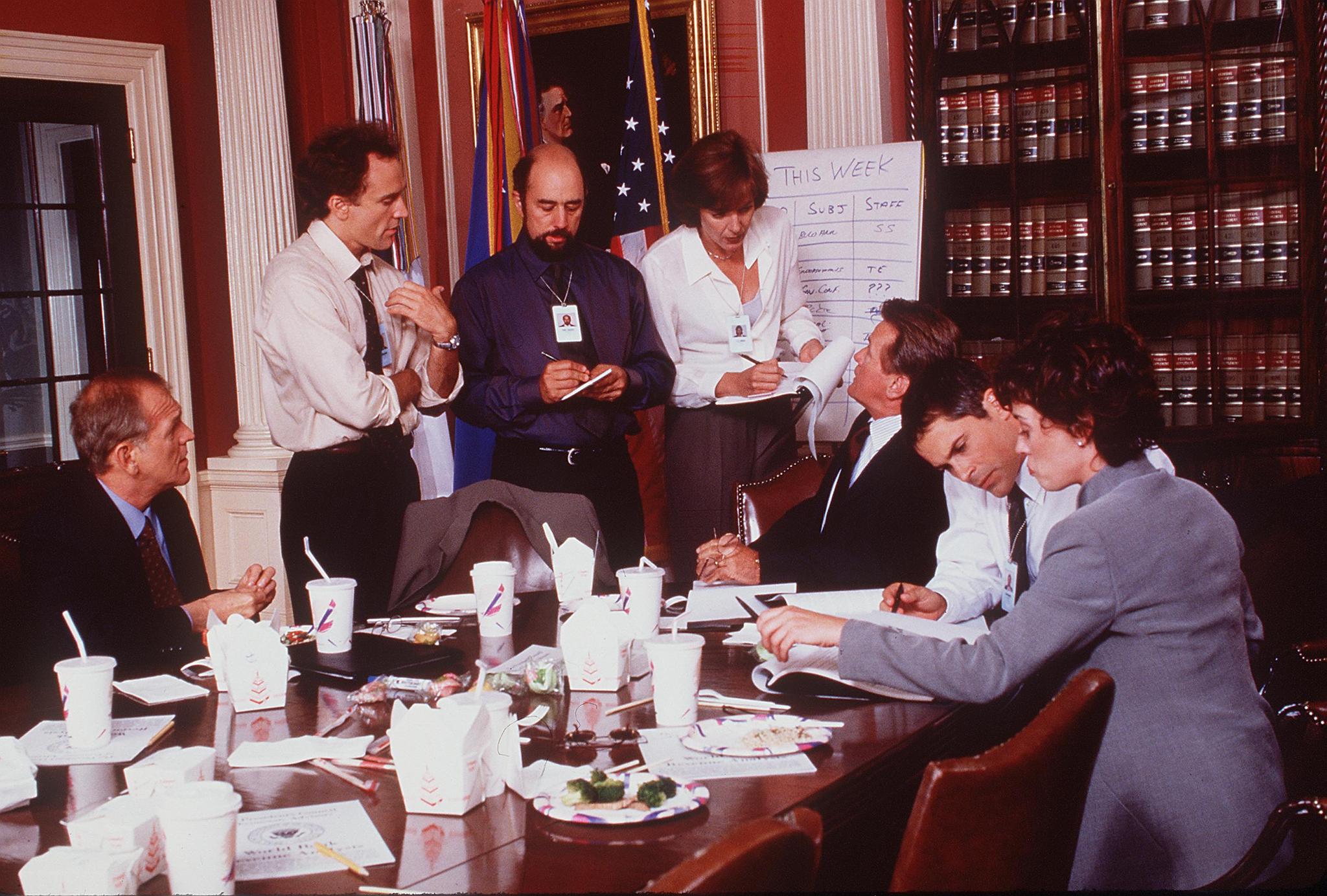 Still of Martin Sheen, Allison Janney, Richard Schiff and Bradley Whitford in The West Wing (1999)