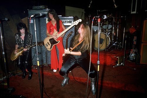 The Runaways (Joan Jett, Jackie Fox, Lita Ford) performing at CBGB in New York City on August 2, 1976