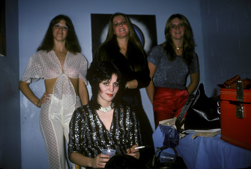 The Runaways (Joan Jett, Jackie Fox, Lita Ford, Sandy West) photographed backstage at CBGB in New York City on August 2, 1976