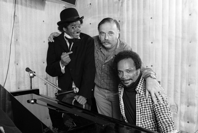 Michael Jackson, Quincy Jones and engineer Bruce Swedien composing songs in a Los Angeles recording studio