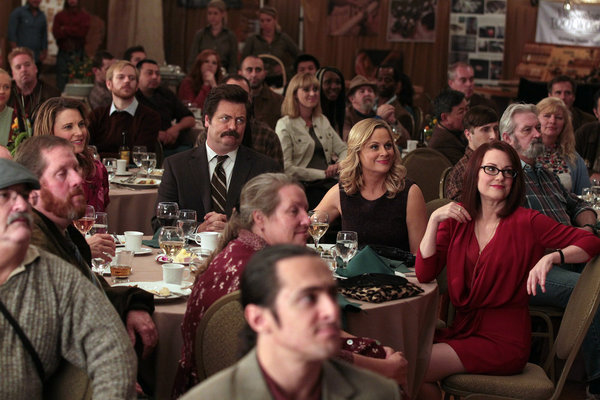 Still of Lucy Lawless, Megan Mullally, Nick Offerman and Amy Poehler in Parks and Recreation (2009)