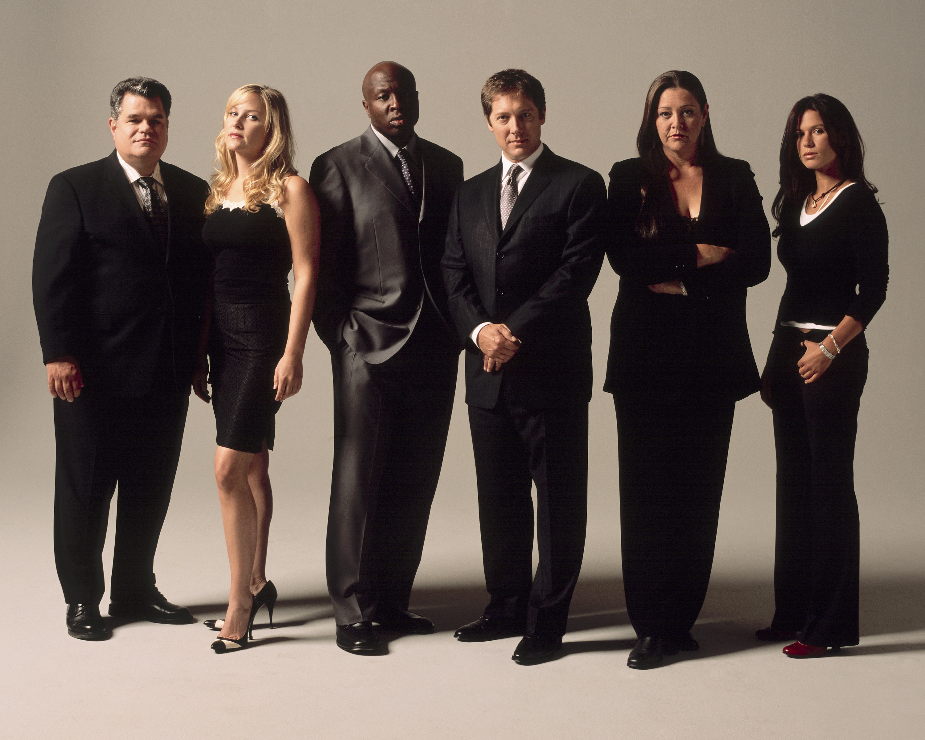 Still of James Spader, Jessica Capshaw, Steve Harris, David E. Kelley, Camryn Manheim, Michael Badalucco and Rhona Mitra in The Practice (1997)