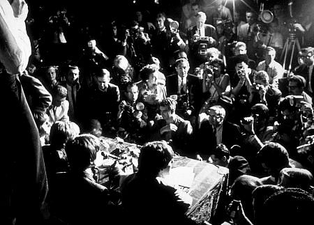 The Beatles (Ringo Starr, John Lennon, George Harrison, & Paul McCartney) at a press conference. 1964