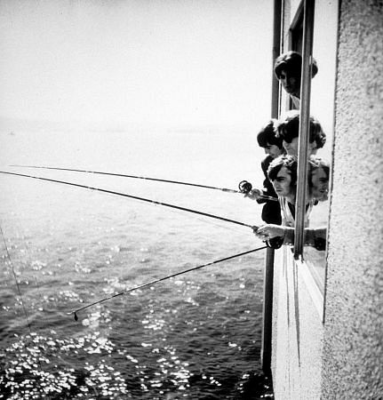 The Beatles (Paul McCartney, John Lennon, George Harrison,& Ringo Starr) fishing out of a window in Seattle, Wa,