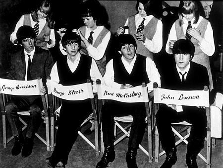 The Beatles, (George Harrison, Ringo Starr, Paul McCartney, John Lennon) on set of 