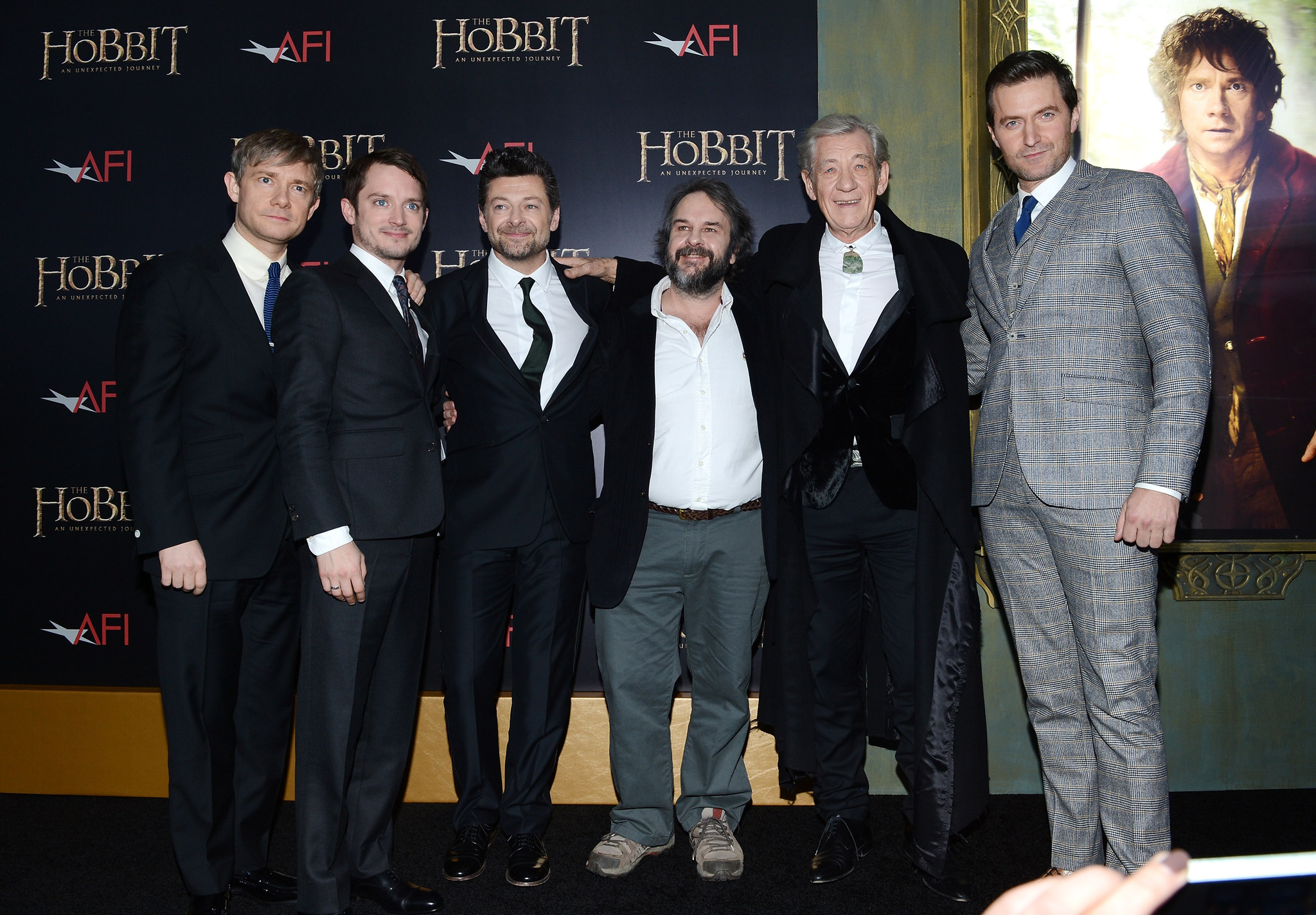 Elijah Wood, Peter Jackson, Ian McKellen, Richard Armitage, Martin Freeman and Andy Serkis at event of Hobitas: nelaukta kelione (2012)