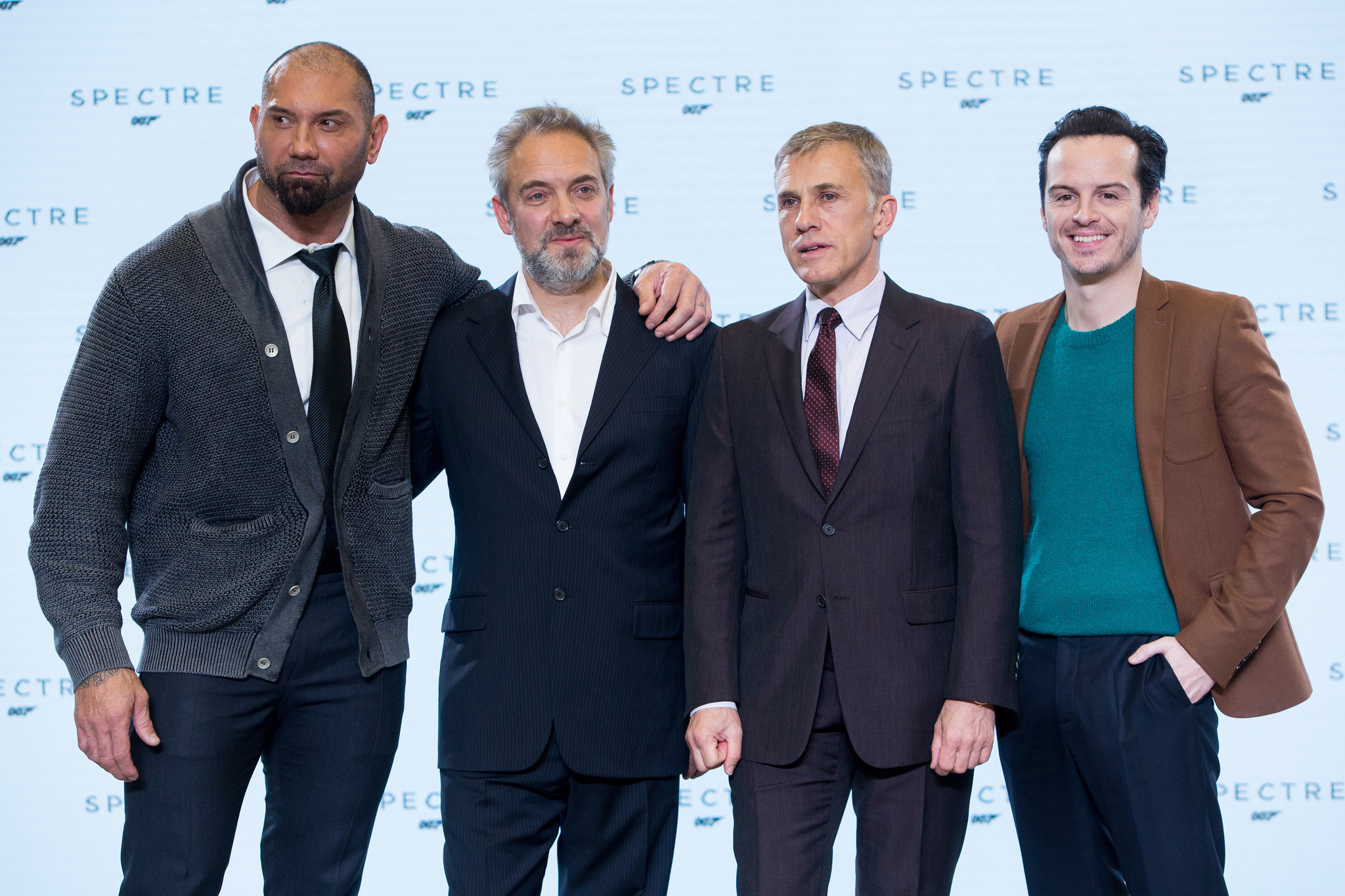 Sam Mendes, Andrew Scott, Christoph Waltz and Dave Bautista at event of Spectre (2015)