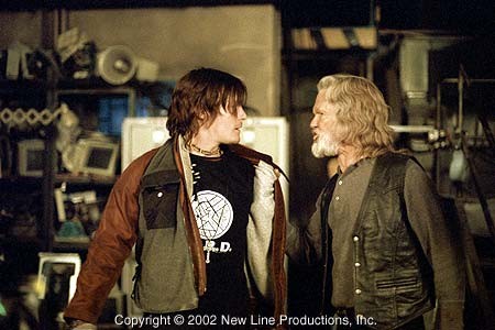 Scud (Norman Reedus, left) and Whistler (Kris Kristofferson) debate in New Line Cinema's action thriller, BLADE II.