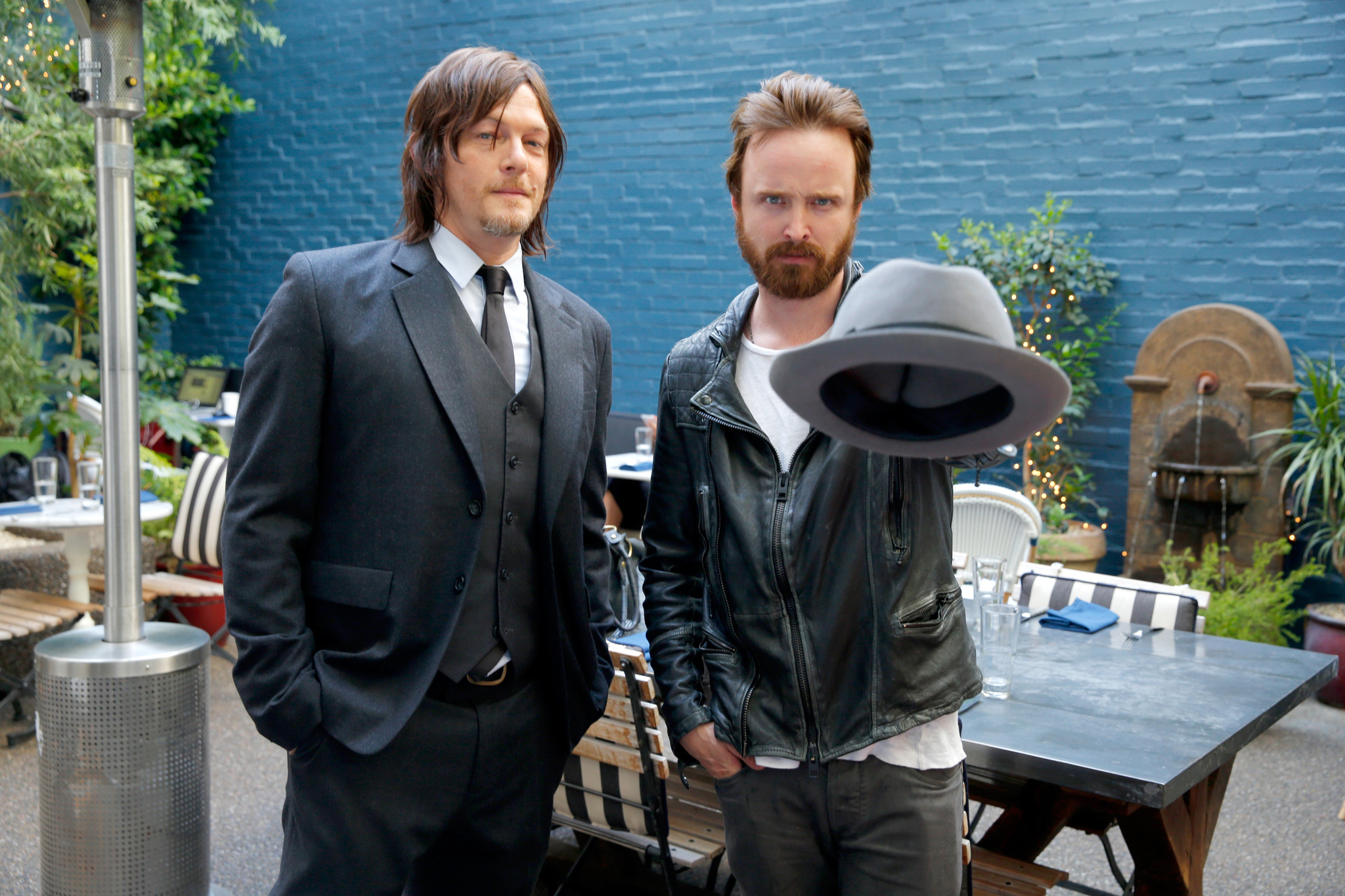 Actors Norman Reedus (L) and Aaron Paul attend the Variety Studio powered by Samsung Galaxy at Palihouse on May 29, 2014 in West Hollywood, California.