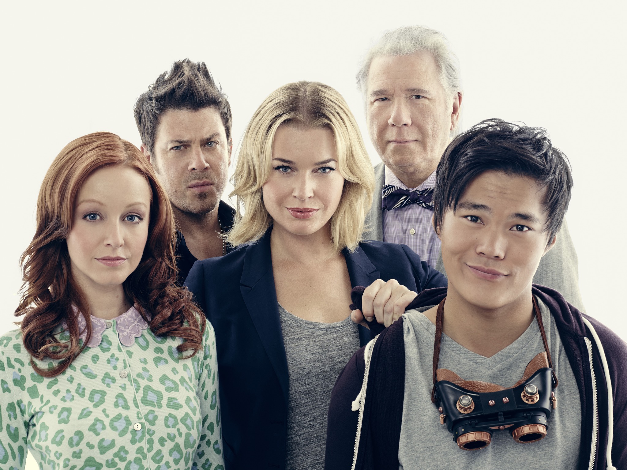 Still of Rebecca Romijn, Lindy Booth, Christian Kane, John Larroquette and John Kim in The Librarians (2014)