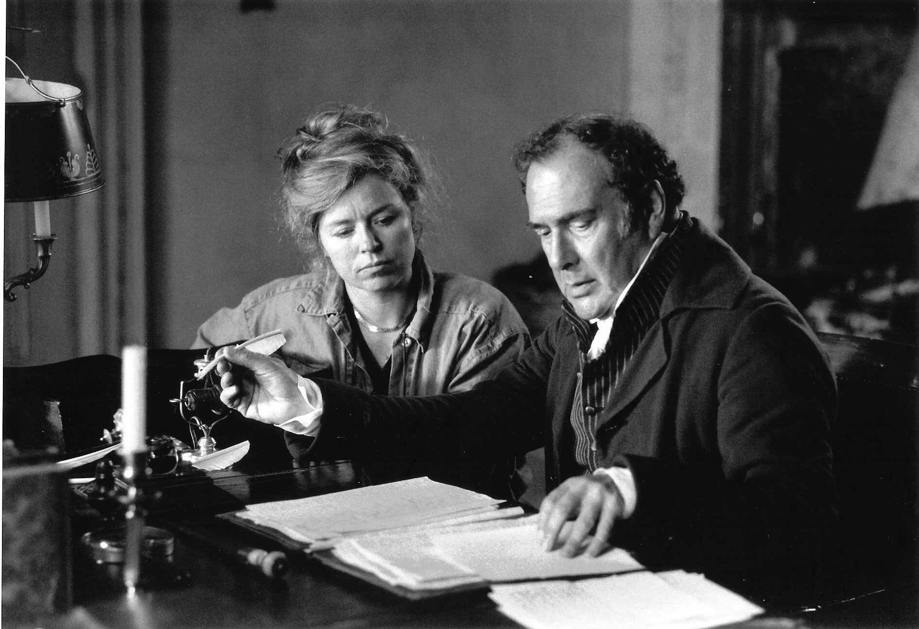 Patricia Rozema and Harold Pinter on the set of Mansfield Park. 1998.