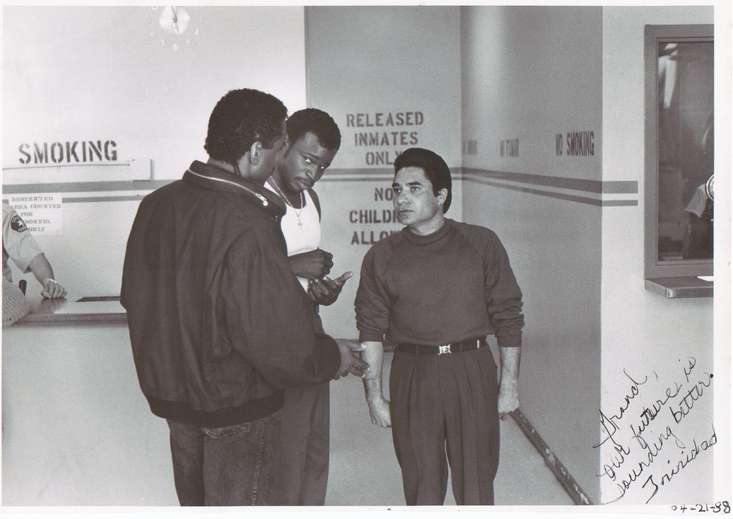 Shortly after Trinidad Silva signed this souvenir image for COLORS co-star Grand L. Bush, Silva was tragically killed by a drunk driver. This photo was taken while the two actors were on location at the LA County Jail. They were close friends.