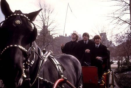 The Beatles ( Ringo Starr, Paul McCartney, John Lennon on a horse carriage ride. Ringo staring up at his whip)