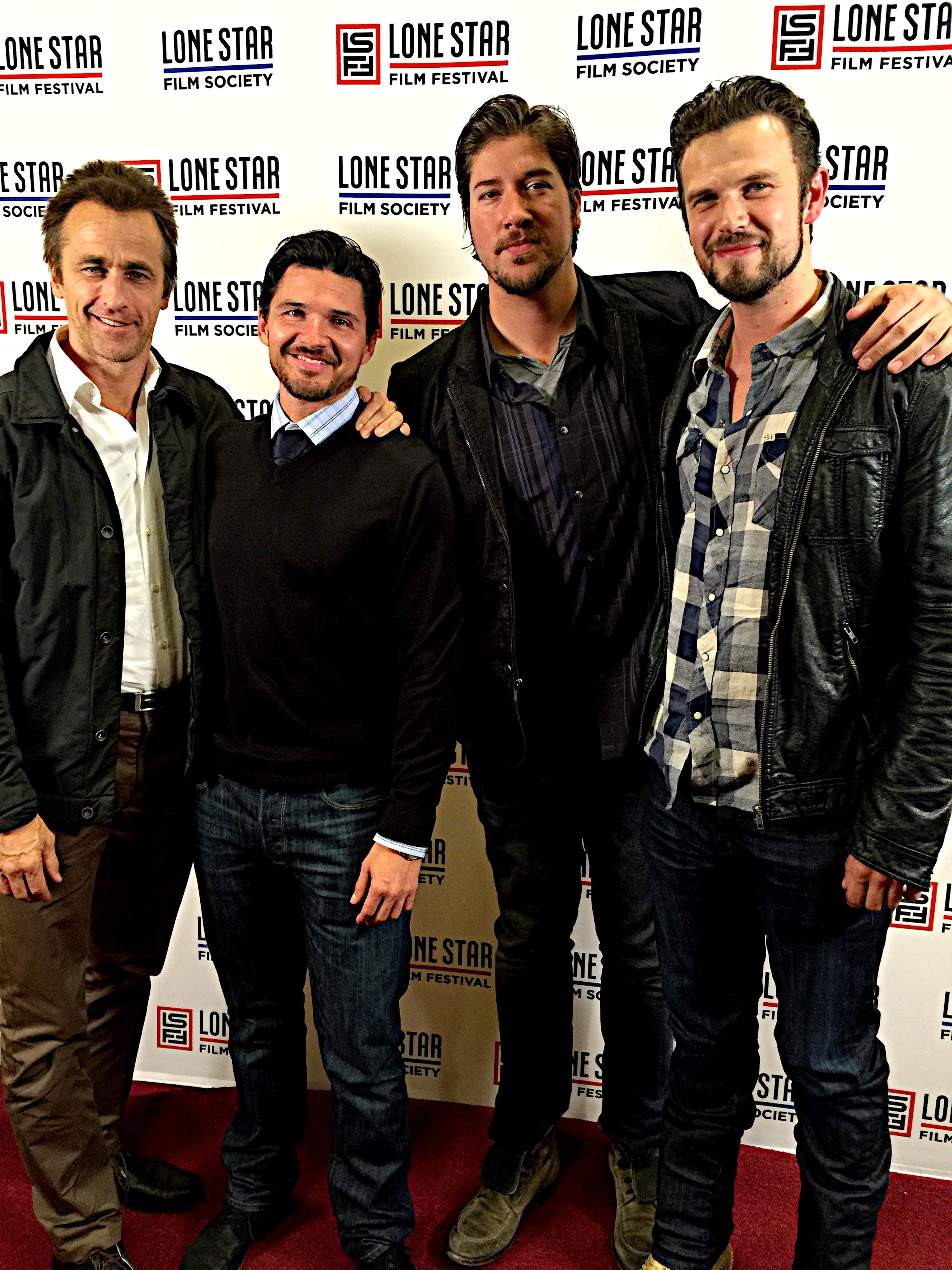 Director(s)/Actor(s) Tanner Beard & Russell Cummings with actors Ken Luckey and Crispian Belfrage on the carpet at the Texas Premier of 