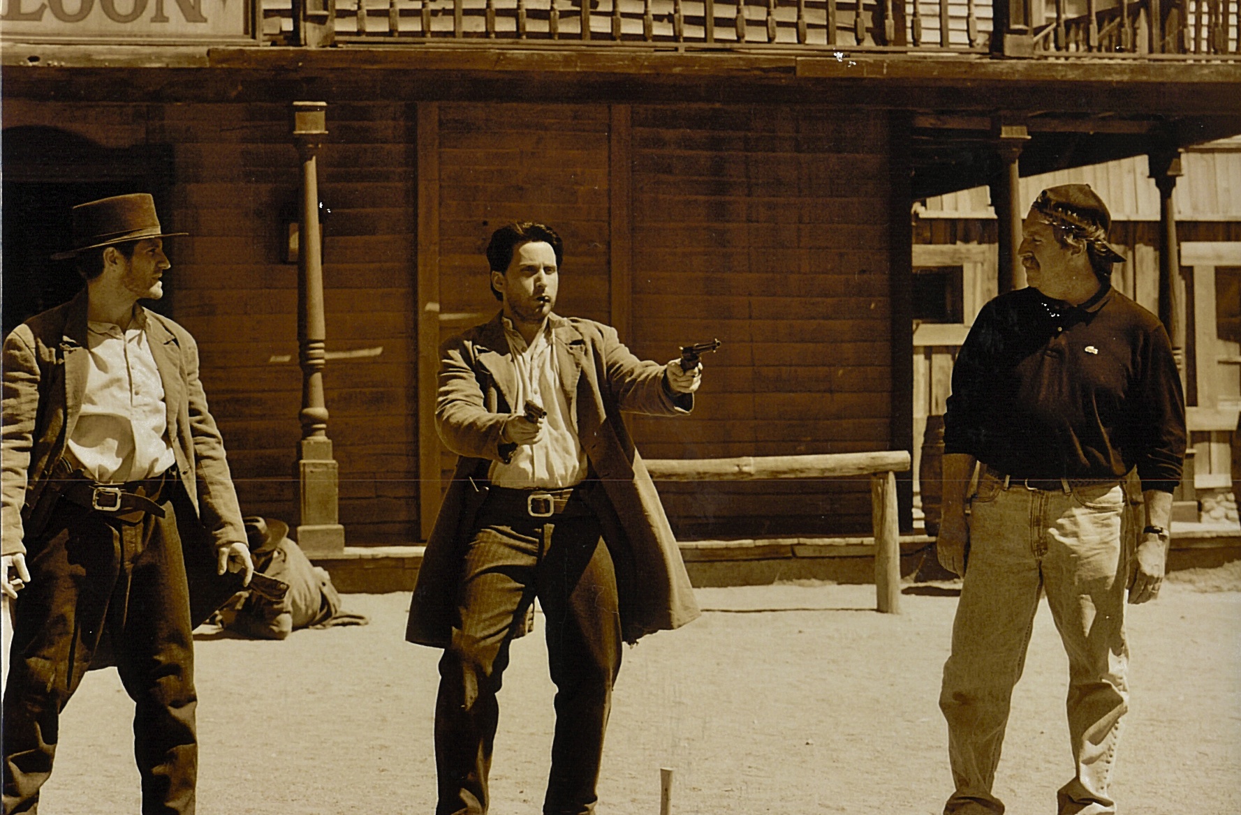 From Left to Right: Marc Cass, Emilio Estevez and director Gene Quintano talking through scenes in 'Dollar for the Dead' in Almeria, Spain.