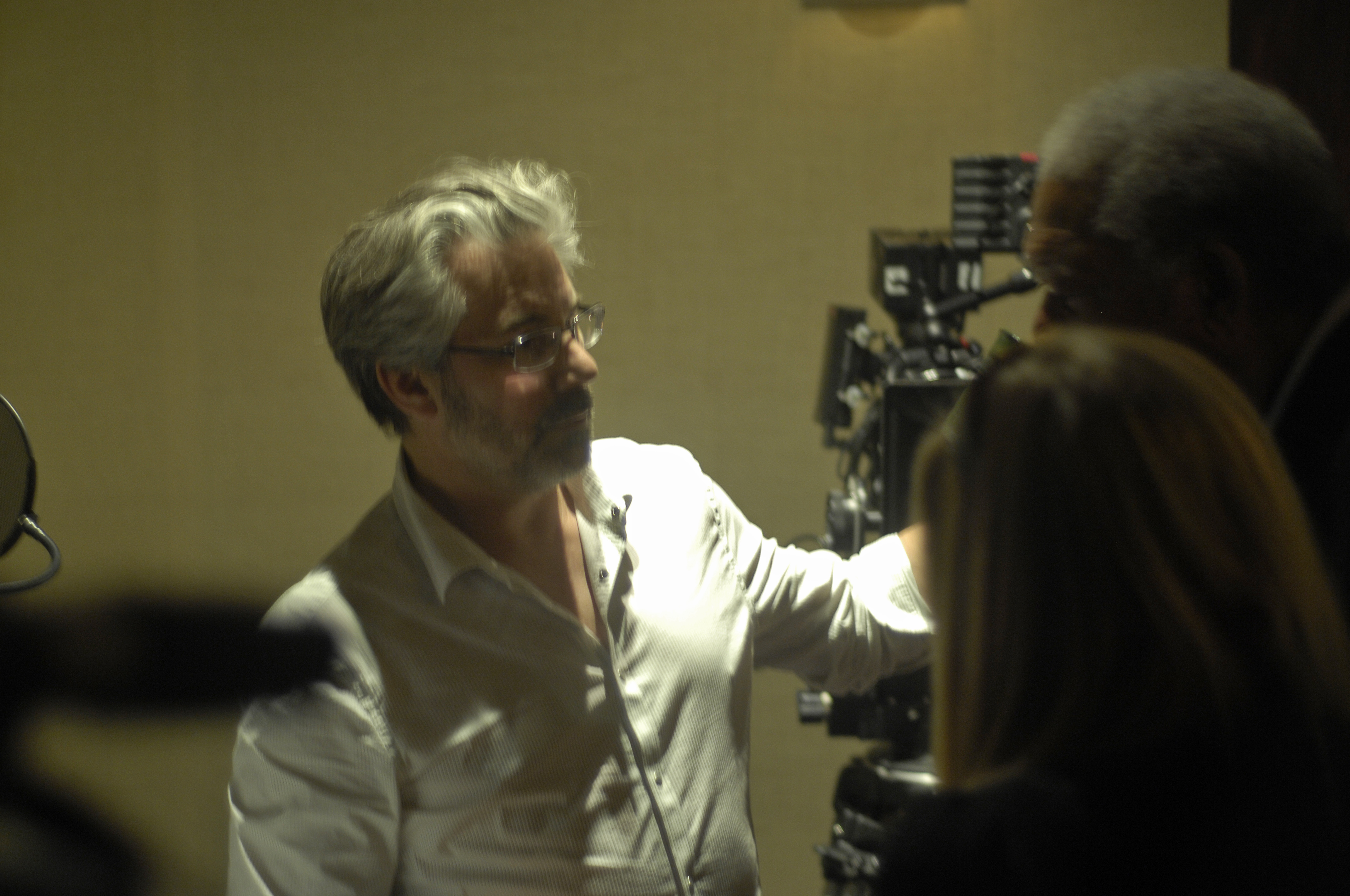 Paul Lazarus working with Morgan Freeman on video for FIRST robotics