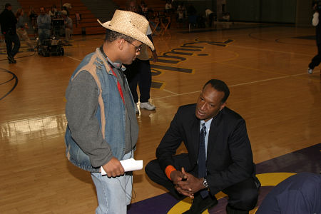 Don Abernathy consults with actor Tony Todd on the set of Tournament of Dreams.