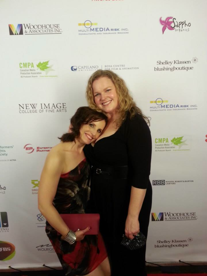Enid-Raye Adams is tired and rests awhile. With Elizabeth Bowen and her cleavage. 2013 UBCP/Actra Awards